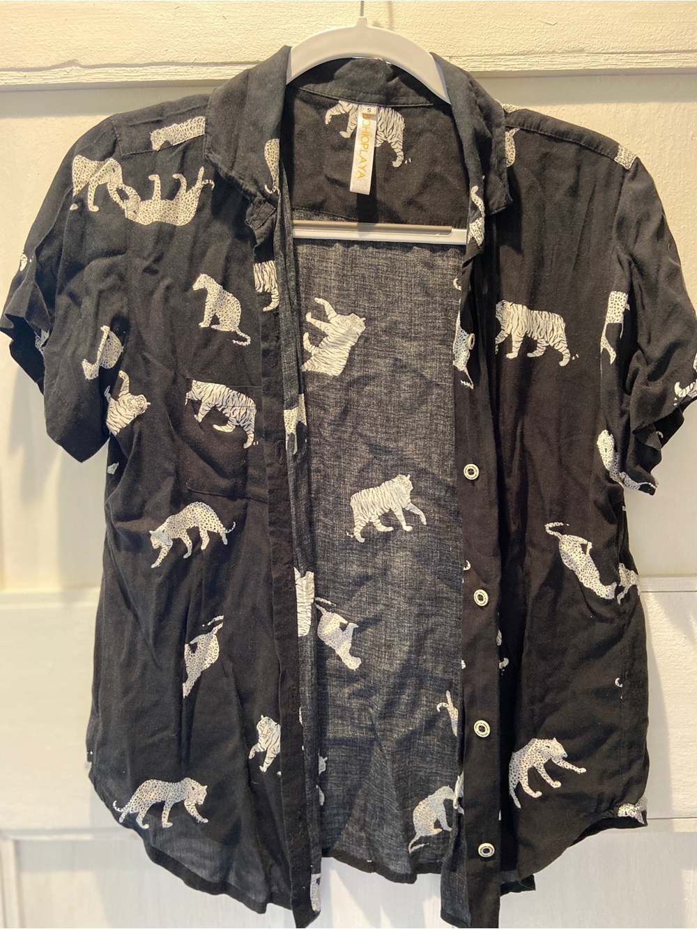 Black Short-Sleeve Button-Up Shirt with White Tiger Print